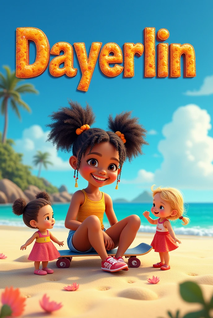 playing happily with her dolls and skateboard in the sand on deep blue sky with text Dayerlin first letter in capital letter and in bright mosaic colored letters