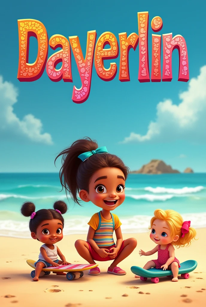  playing happily with her dolls and skateboard in the sand on deep blue sky with text Dayerlin first letter in capital letter and in bright mosaic colored letters 
