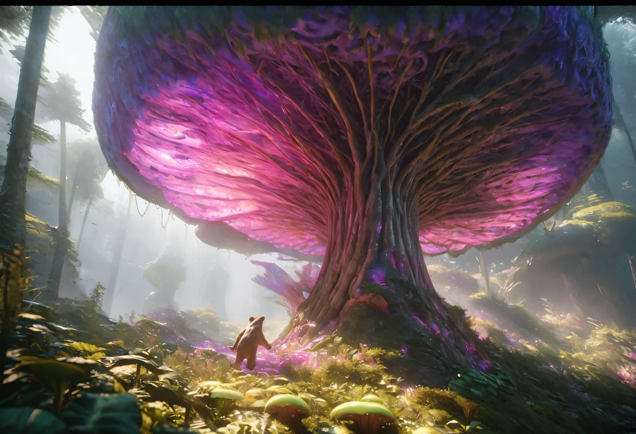 a robotic brown bear, catching alien tentacle salmon, alien forest, hyperrealistic, 8k, highres, detailed, photorealistic, cinematic lighting, moody atmosphere, dramatic composition, vibrant colors, dynamic movement, intricate textures, advanced 3D rendering, volumetric fog, lush foliage, glowing mushrooms, surreal landscape, alien flora and fauna, intricate details, dramatic lighting, vibrant colors, cinematic framing, masterpiece