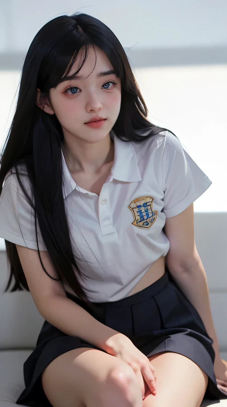 shot from below, 1girl, big breaast, white skin, long black hair, korean, young, bright blue eyes, thick eyebrows, freckles on skin, head tilted, one ear out, smiling, teeth out, school uniform, small waist, wide thighs, wide thigh gap, sitting, hyper-realistic, high detail, 8k, masterpiece