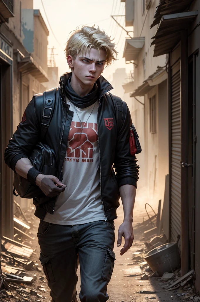 In a dark alley of a ruined city, Alexander Volkok is found, A sixteen-year-old boy who is six feet tall and stands out as an imposing figure. Her blonde hair glistens faintly in the moonlight., and his intense blue eyes reflect the hopelessness of an apocalyptic world. He has an athletic body that shows his dedication to the sport., Although the dirt on his skin and his dark clothing indicate that he has been fleeing danger.

He is dressed in a red and black varsity jacket that flutters slightly in the wind.. He carries a large backpack on his back., full of essential provisions. A subtle bulge can be noticed in his jacket., which suggests that he has had to take precautions in this hostile environment. The scene is charged with tension; although the background shows disturbing shadows and a burning car, What really stands out is Alexander&#39;s determined expression., reflecting the struggle for survival in this dangerous world. The image should focus on your torso and face, Capturing every detail of her determination in the midst of adversity.