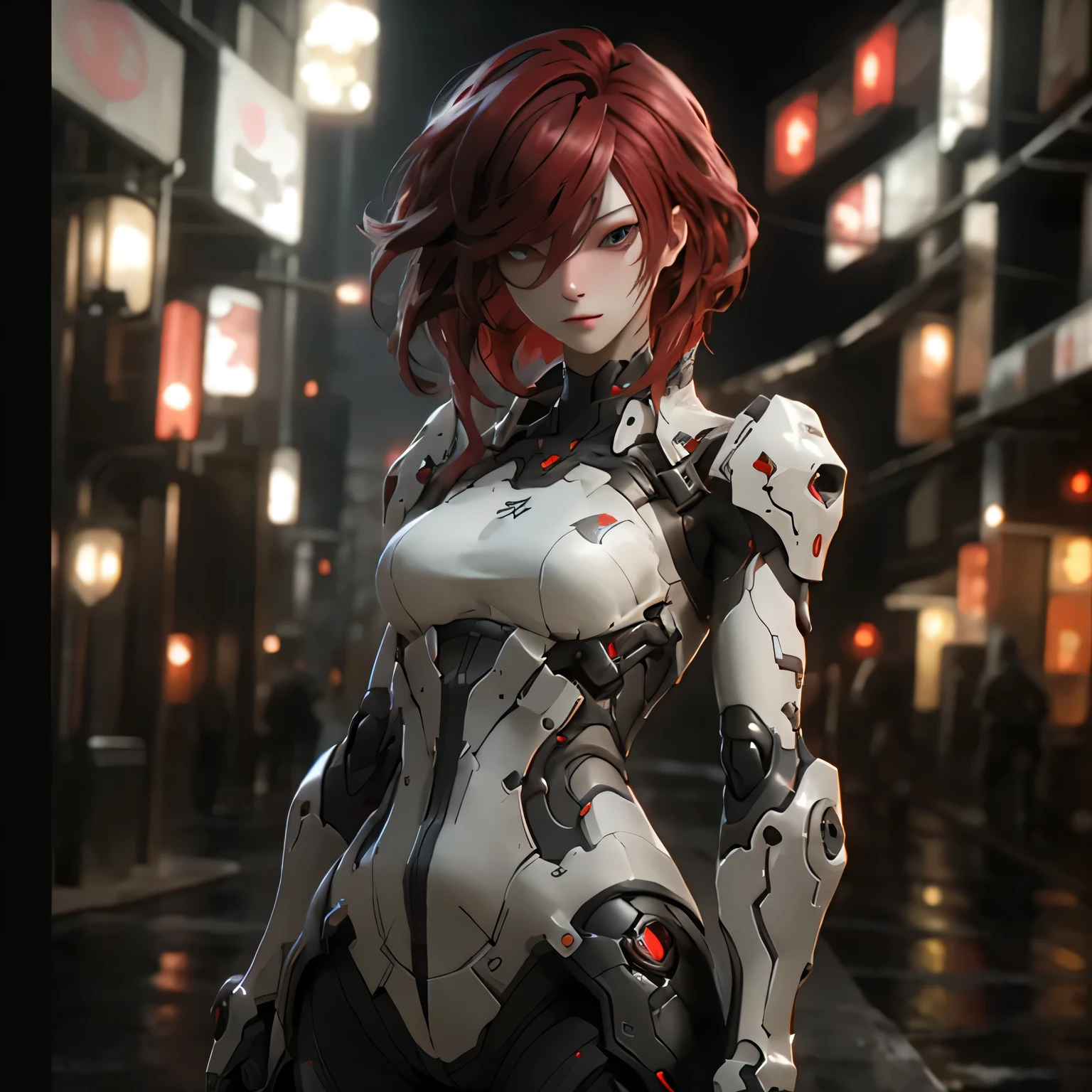 ((best quality)), ((Masterpiece)), (details:1.4), 3d, Image of a beautiful cyberpunk woman., HDR (high dynamic range), mature woman, Hips up, Curtain Bangs, Red hair, white eyes, battle suit, intricate mechanical techwear armor, PBR surface, After processing, Anisotropic filtration,depth of field, Maximum clarity and clarity, multi-layered surface, perfect proportions, 8K raw files, cyberpunk, at night, ผมหลายชั้น, กระโปรงสั้น, natural lighting, soft lighting, sunlight, หน้าอกใหญ่,