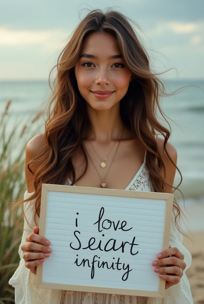 Beautiful girl with wavy long hair, bohemian dress, holding a white board with text "I Love Seaart Infinity" and showing it to the viewer
