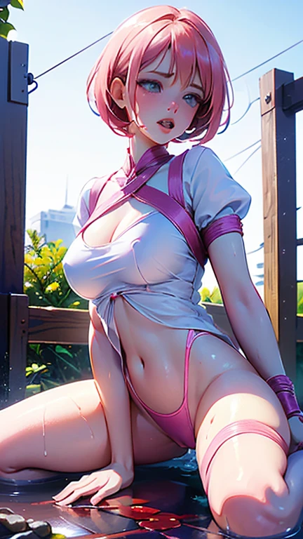 (Highest quality,4K,8k,High resolution,masterpiece:1.2),Very detailed,(Realistic,photoRealistic,photo-Realistic:1.37),Pink hair short bob,Magical girl,bondage,Whipping and whining,BDSM,My whole body is sweating,Sex fluids on face，The setting is a bustling city,Transparent wet clothes，Magical girlの衣服は切り刻まれている，Her panties are untied,Straddling a broken broom，Dripping with blood，White costume