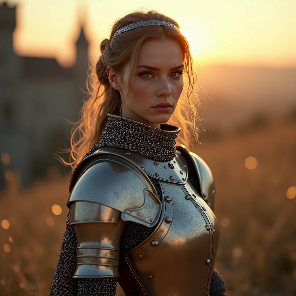 (masterpiece), (extremely intricate:1.3), (realistic), portrait of a girl, the most beautiful in the world, (medieval armor), metal reflections, full body, outdoors, intense sunlight, far away castle, professional photograph of a stunning woman detailed, sharp focus, dramatic, award winning, cinematic lighting, octane render  unreal engine,  volumetrics dtx, (film grain, blurry background, sharp foreground, bokeh, depth of field, sunset, motion blur:1.3), chainmail, looking at viewer