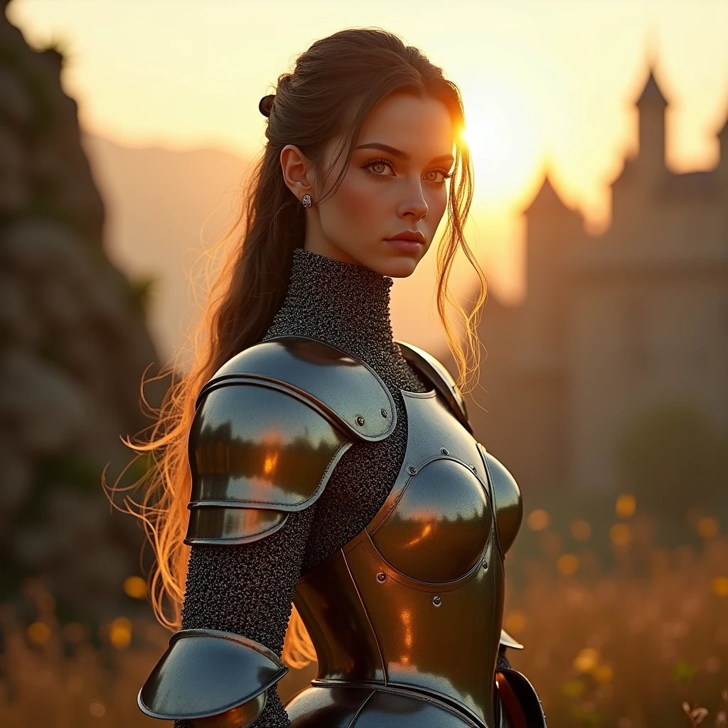 (masterpiece), (extremely intricate:1.3), (realistic), portrait of a girl, the most beautiful in the world, (medieval armor), metal reflections, full body, outdoors, intense sunlight, far away castle, professional photograph of a stunning woman detailed, sharp focus, dramatic, award winning, cinematic lighting, octane render unreal engine, volumetrics dtx, (film grain, blurry background, sharp foreground, bokeh, depth of field, sunset, motion blur:1.3), chainmail, looking at viewer