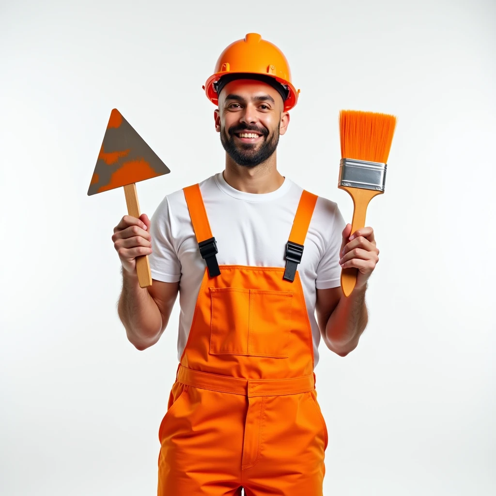 A man in a white T-shirt and orange construction overalls, holds a triangular construction spatula in one hand, in another one, an orange paint brush, Studio Photography, studio lighting, realistic skin texture and detail, the man stands slightly sideways, background white uniform