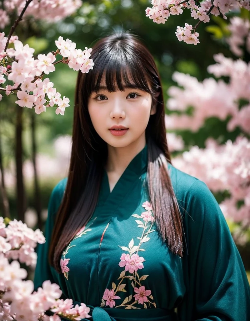 girl[Thai]Beautiful standing in the middle of the forest(The cherry blossom tree)In the thick fog, she wore an elaborate robe with embroidery inspired by nature. ((Turn your face slightly towards the camera.)) And hold(Bamboo walking stick) ผมยาวสีเข้มประดับด้วยกิ๊บติดผมอันประณีต ทอดยาวลงมาตามหลัง แสงอ่อนๆ ส่องผ่านThe cherry blossom tree สร้างบรรยากาศอันเงียบสงบและงดงาม