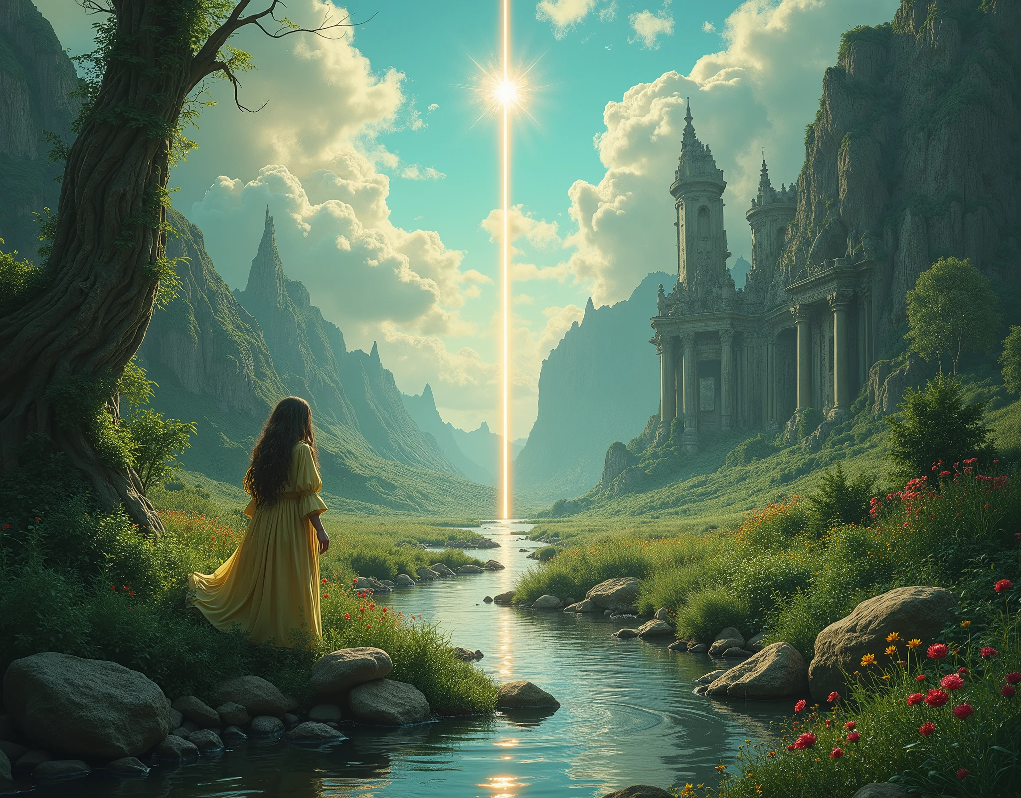 Split in half, with one side showing a fantasy green fairy world, and the other a deserted and desolate post atomic grey world. A central blurred line unites the two worlds, merging objects next to it