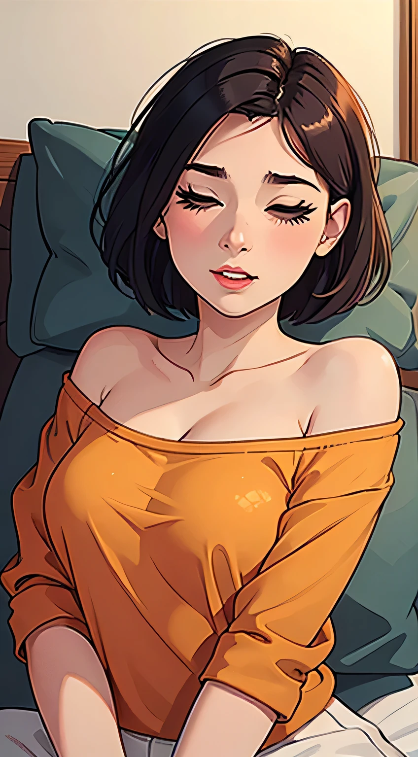 Amazing portrait of a woman who is 30 years old and an adult and a sexy woman with a beautiful face and a short bob hairstyle with her eyes closed and blushing intensely with her parted lips being desperate and flustered and lustful wearing an oversized off shoulder orange t shirt as she's laying on her bed during night time with soft lighting showcasing her red lips and her beautiful face in detail and close up