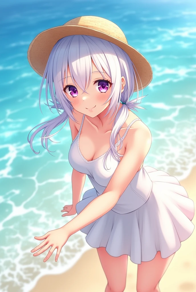 best quality, masterpiece, , ,short, huge breasts, white hair,low twintails, purple eyes, yukine chris, thin twintails,, beach, sea, white dress, white skirt, white one-piece, straw hat, (((shy))), (happy), leaning forward, summer, from above, reaching out, smiling,