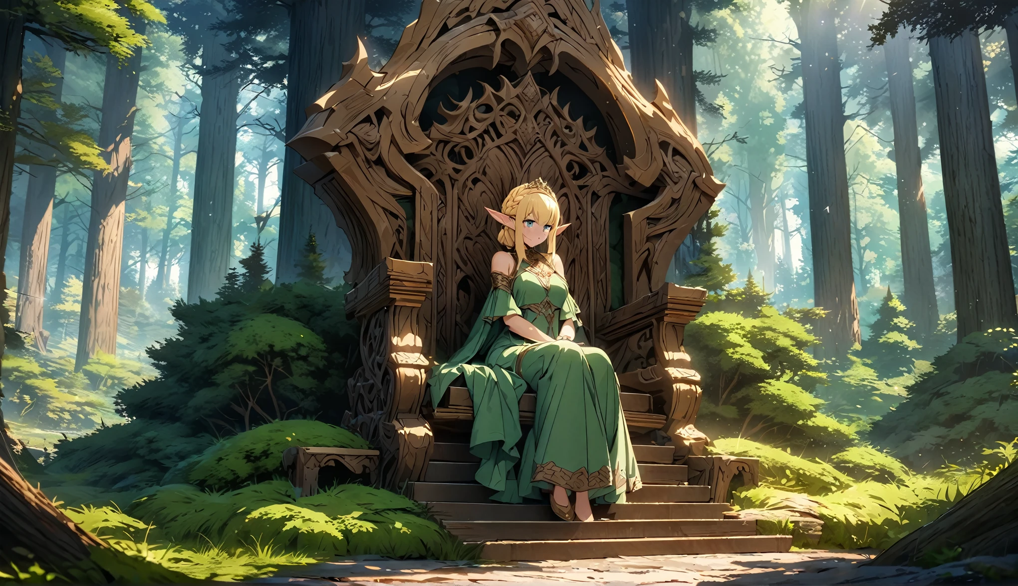 anime aestetics, anime scenery, green forest, throne made of wood, elf woman sitting on the throne, beautiful slim face, elven ears, long blonde hair, braid haircut, beautiful bright green dress, wearing golden tiara, bright day, landscape scenery, oak trees and pine trees on the background, wide shot, view from left, atmospheric perspective,4k, best quality, super detailed, (masterpiece: 1.5), 16k