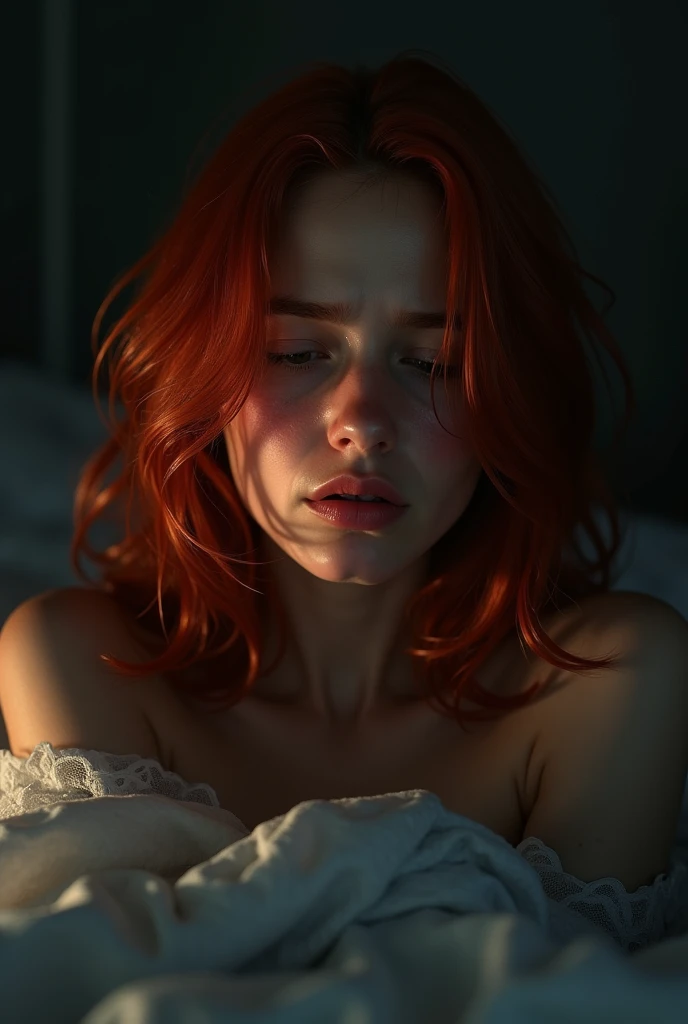 Moaning in pain, feeling pain, tears flowing, sore, crying in pain, full body, redhead, red hair, freckles, European youth, lie down on the bed, lie down on her tummy, ass focus, perfect round ass, (detailed face:1.2), fashion photorealism, photography, sharpness, unique 850 4, f1.6 lens, rich color, hyperrealistic texture, spectacular light texture, surreal art, Cinestil 800 fashion mechanism, frightened and crying, covered in tears, obeying pain, moaning in pain, grimaces of pain
