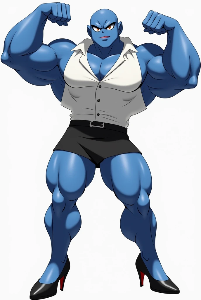 Male machoke with white blouse and black miniskirt, he is wearing a black high-heels, flexing his muscles.
HE IS A BLUE POKEMON.