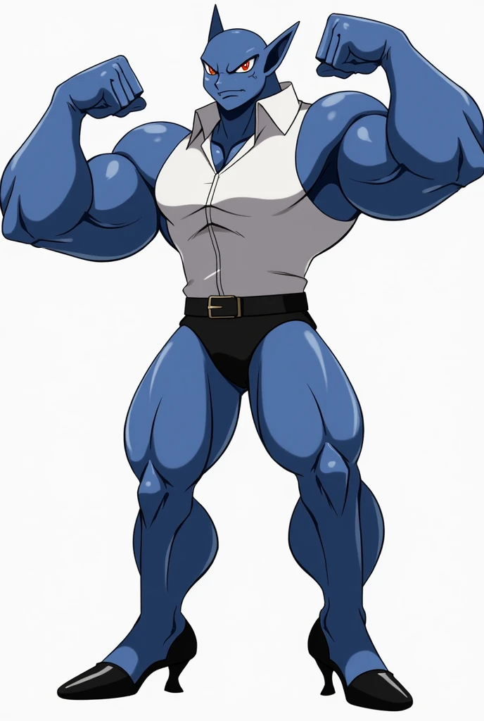 Male machoke with white blouse and black miniskirt, he is wearing a black high-heels, flexing his muscles.
HE IS A BLUE POKEMON.