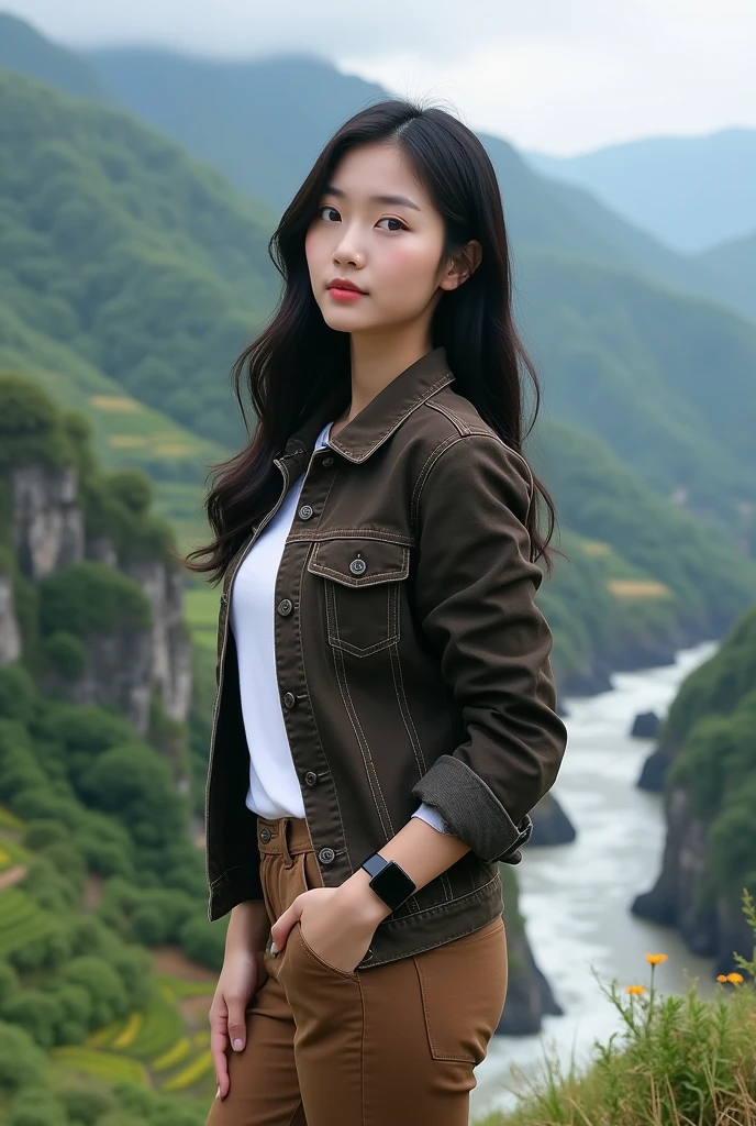 Beautiful Korean girl, smooth white skin, well-groomed face, long black hair. Dark brown jeans jacket, white t-shirt, knee-length brown cargo pants, cool black watch, posing, on top of a very high mountain, in the background, visible from above is a river. flowing fast from the waterfall.. Trees, green and spacious rice fields, cliffs covered with moss and beautiful flowers, original photos,
