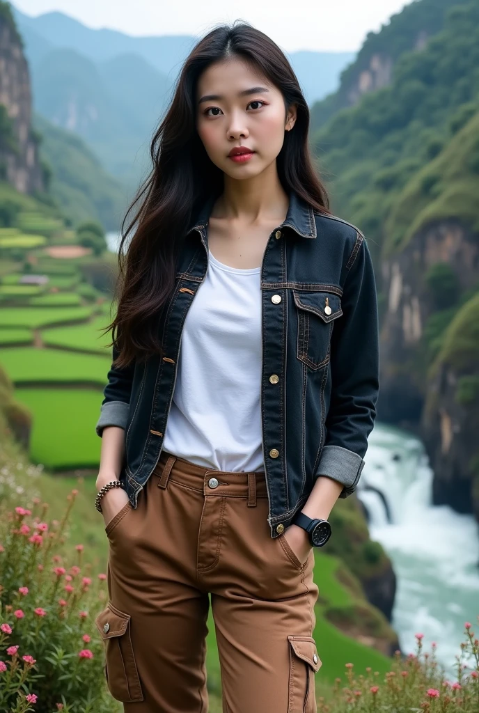 Beautiful Korean girl, smooth white skin, well-groomed face, long black hair. Dark brown jeans jacket, white t-shirt, knee-length brown cargo pants, cool black watch, posing, on top of a very high mountain, in the background, visible from above is a river. flowing fast from the waterfall.. Trees, green and spacious rice fields, cliffs covered with moss and beautiful flowers, original photos,