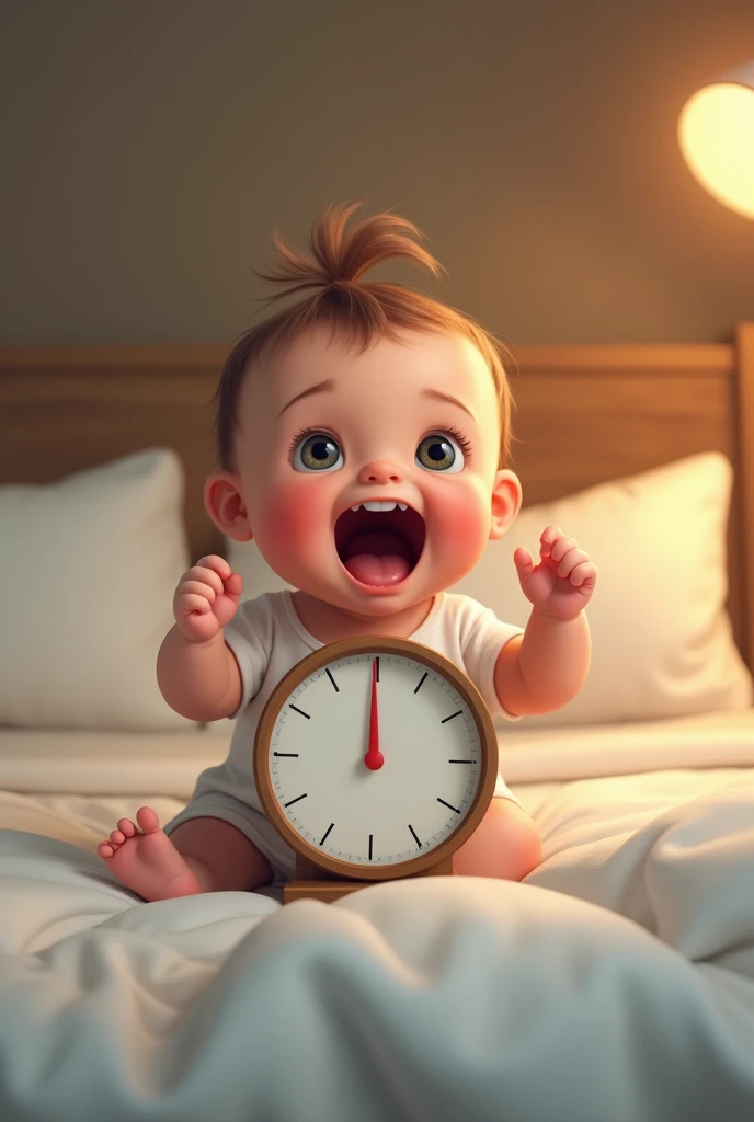 An one year old baby girl shouting in the bed holding a scale