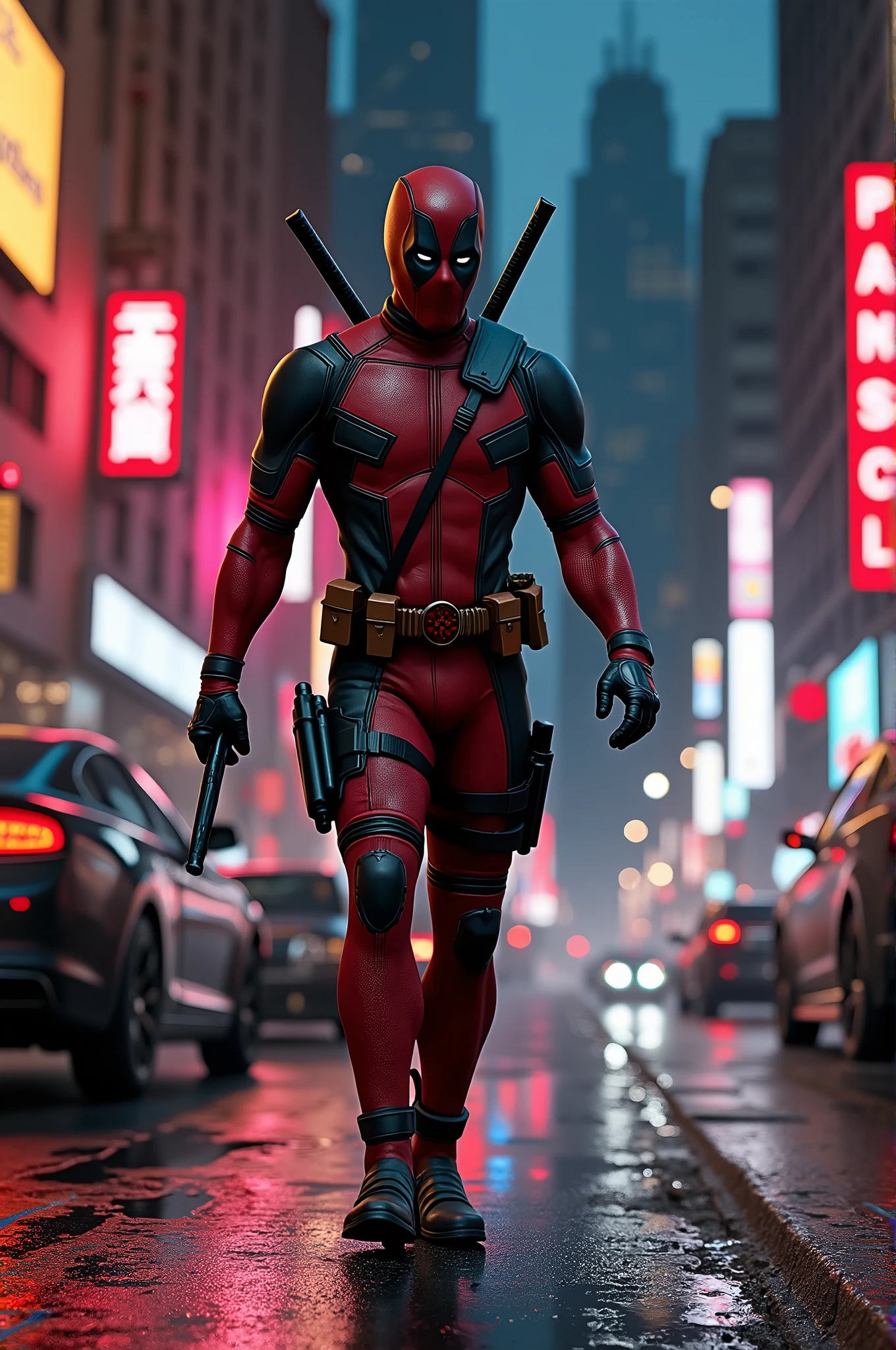 Deadpool in New York at night walking down the street