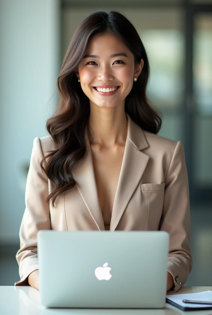 Create an image of an 1 Asian businesswoman standing and working on a MacBook. She is smiling with a cute and charming face. The image is full-body, with a slightly revealing outfit, showcasing a youthful and modern appearance.