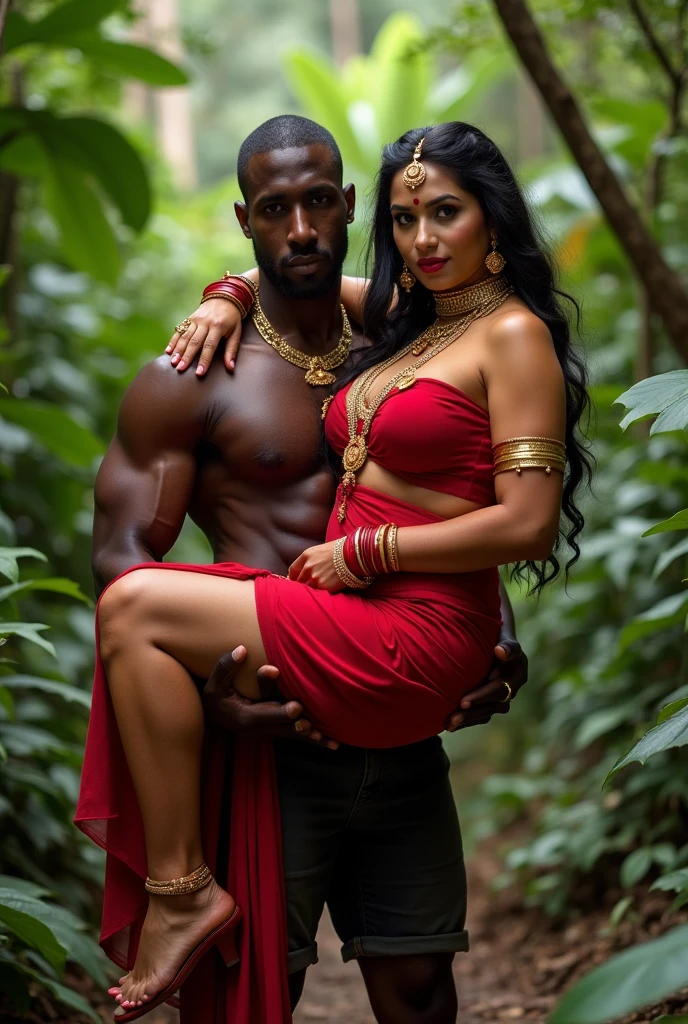 Indian Sexy Curvy milf women,with big boobs,big ass ,chubby face ,red mini transparent frock,Red Sindur ,Red bindi , Honeymoon red bangles,Stud chain earrings,Forehead Pendant ,Long gold Mangalsutra,4 gold Necklace, Diamond ear pin ,Gold Armlet,gold waist chain ,full photo, carry by a black muscular African muslim man on his Arm in a jungle,both are looking straight to camera for pose
