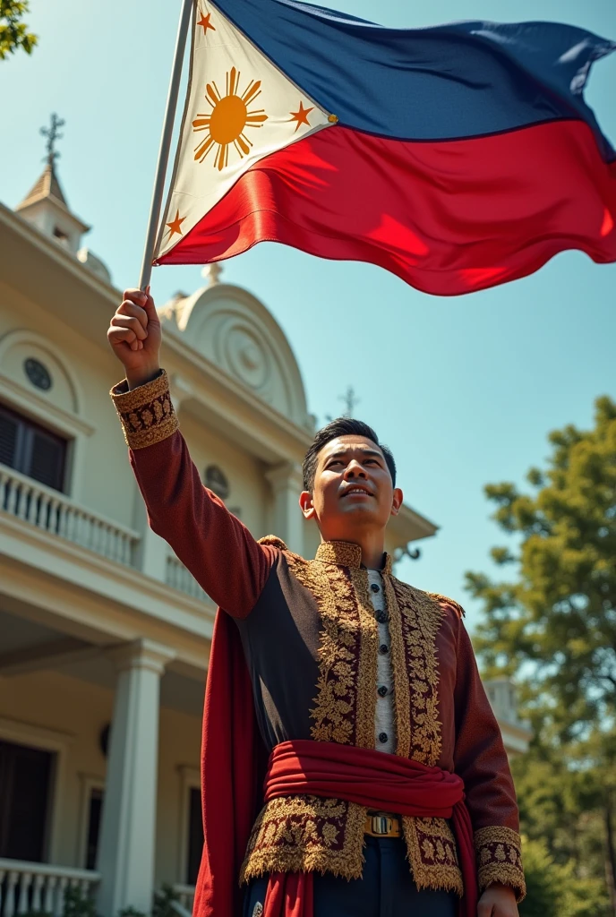 Aguinaldo, waving the Philippine flag in kawit cavite, in his house