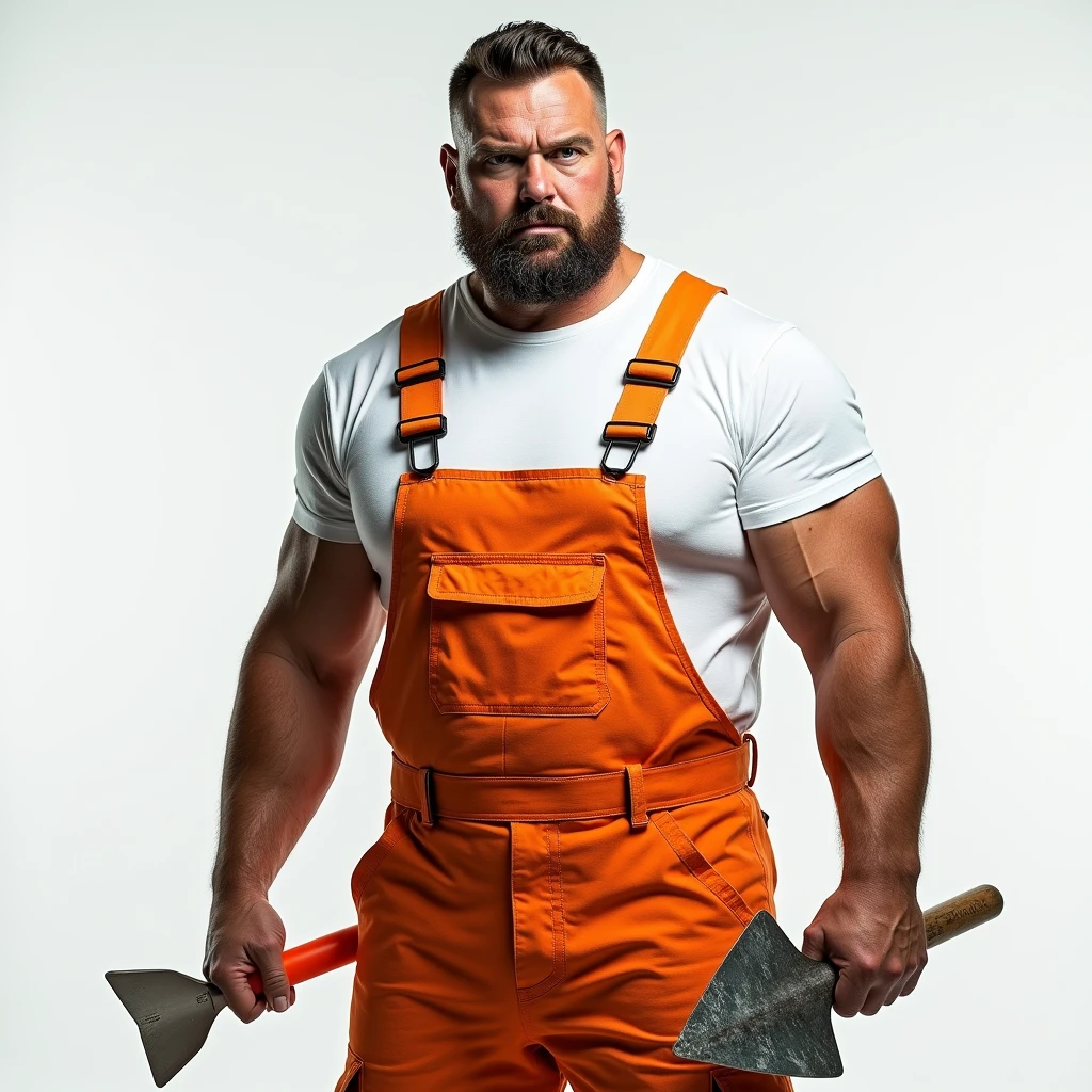 Brutal Man in White T-shirt and Orange Construction Overalls, holds a triangular construction spatula in one hand, in another one, an orange paint brush, Studio Photography, studio lighting, realistic skin texture and detail, the man stands slightly sideways, background white uniform