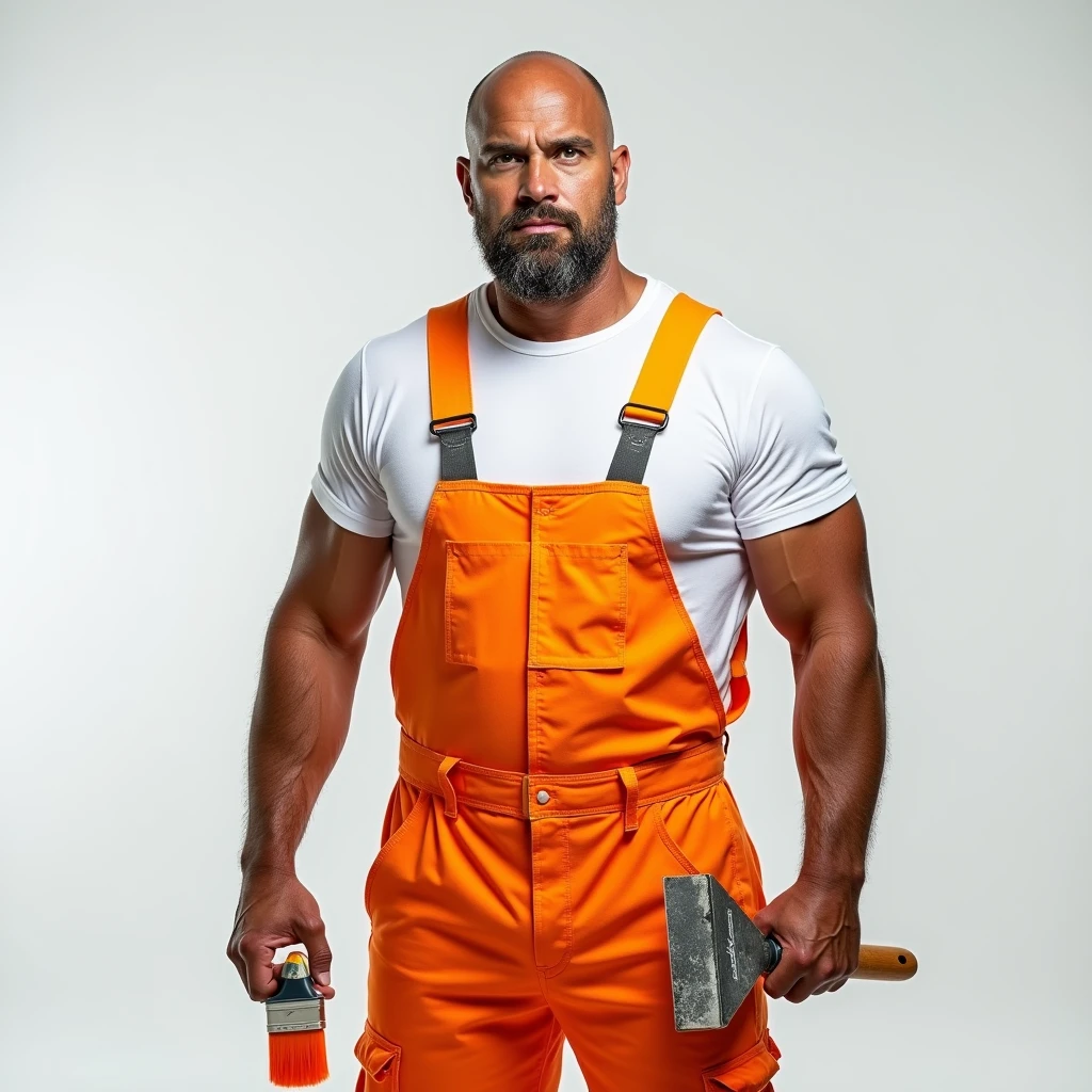 Brutal Man in White T-shirt and Orange Construction Overalls, holds a triangular construction spatula in one hand, in another one, an orange paint brush, Studio Photography, studio lighting, realistic skin texture and detail, the man stands slightly sideways, background white uniform