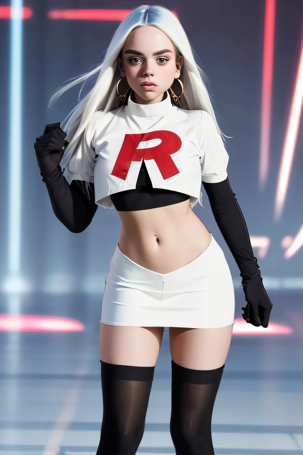 The face of billie eilish, 1girl, solo, team rocket,team rocket uniform,white skirt,red letter R,crop top,black thigh-highs,black elbow gloves, earrings, large breasts, 