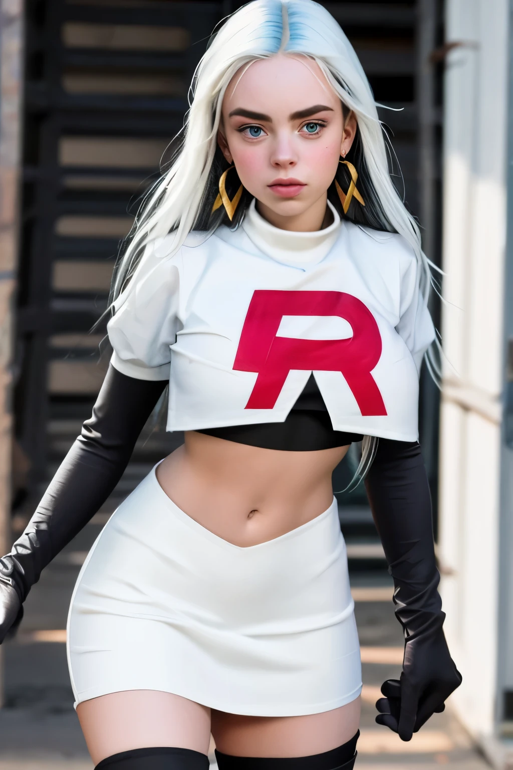 The face of billie eilish, 1girl, solo, team rocket,team rocket uniform,white skirt,red letter R,crop top,black thigh-highs,black elbow gloves, earrings, large breasts,