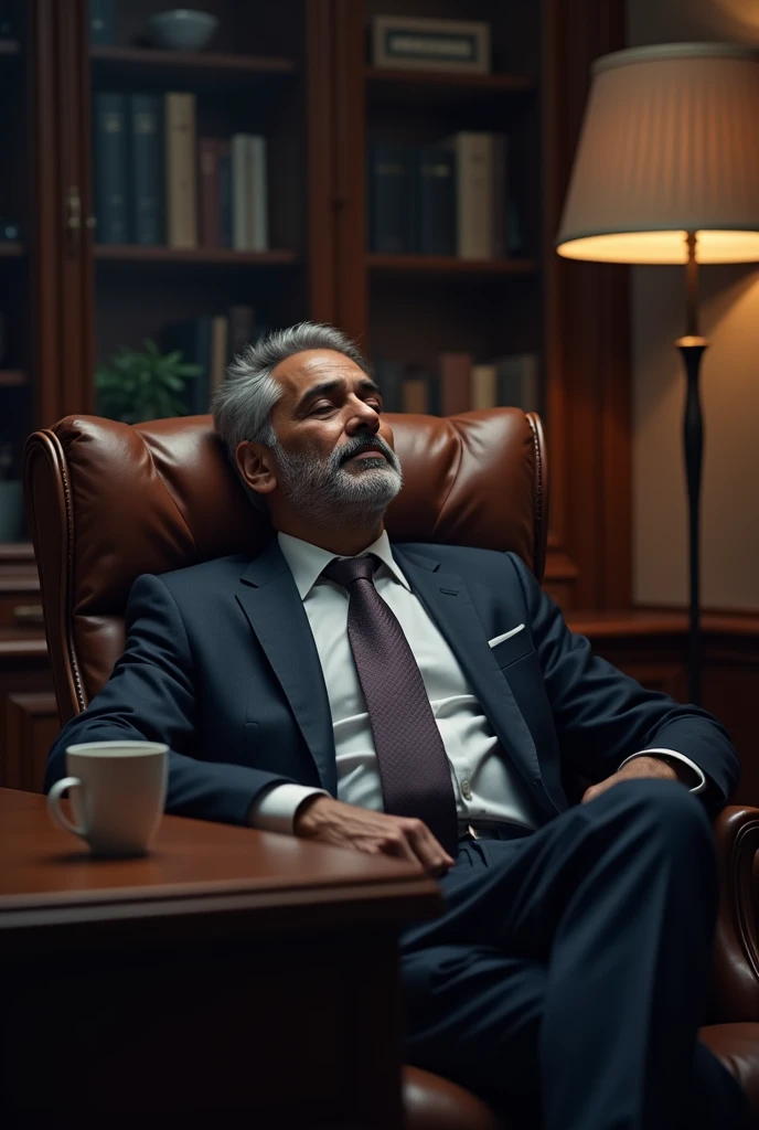 A Indian man wearing suit sleeping in office