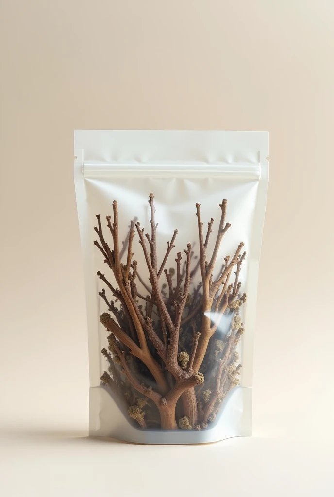 Make me a picture of a doypack bag filled with twigs