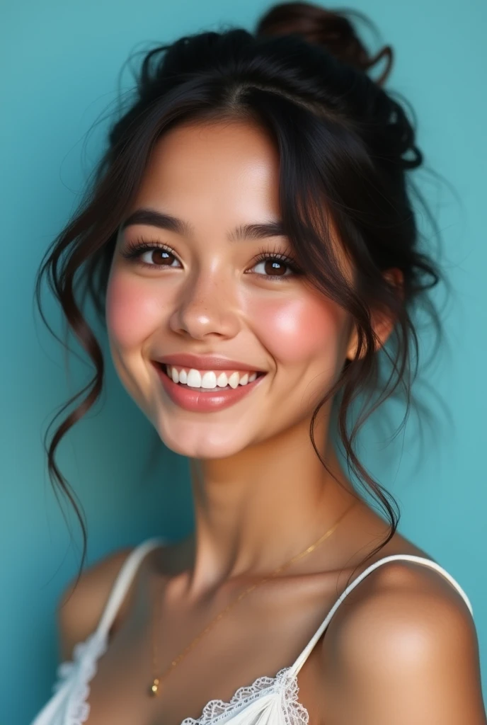 CREATE AN IMAGE OF A FOR HER YEARBOOK PHOTOGRAPH, AQUAMARINE BLUE BACKGROUND, with latin features