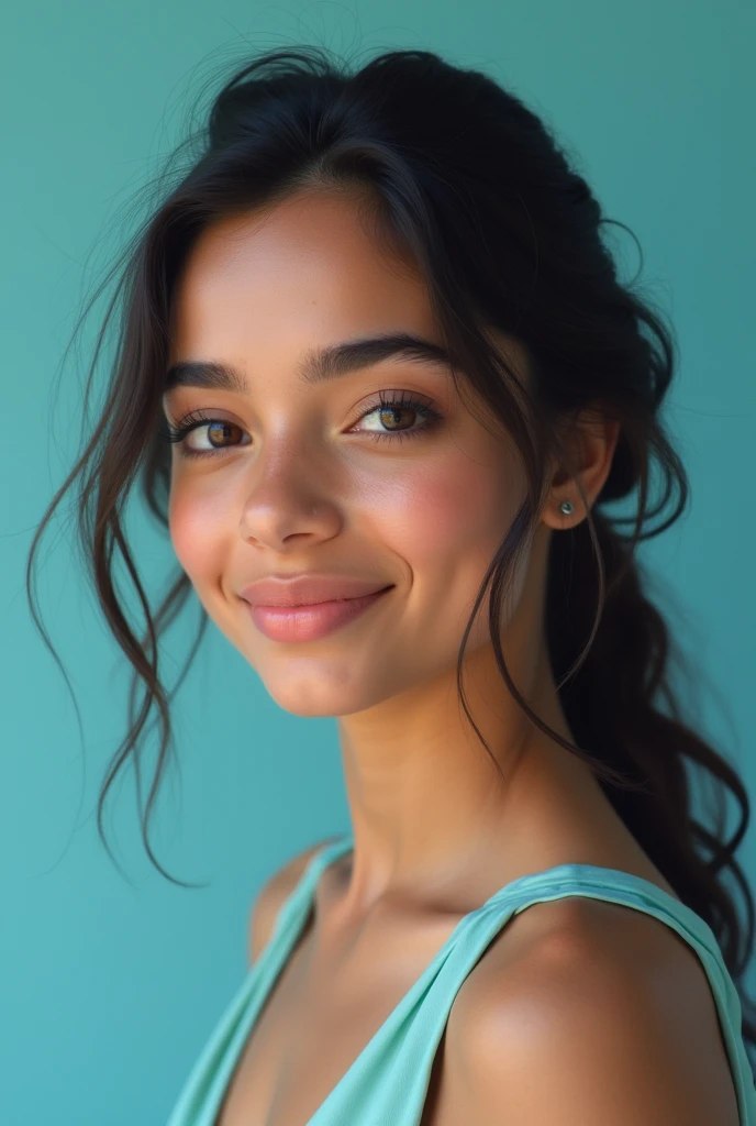 CREATE AN IMAGE OF A FOR HER YEARBOOK PHOTOGRAPH, AQUAMARINE BLUE BACKGROUND, with latin features