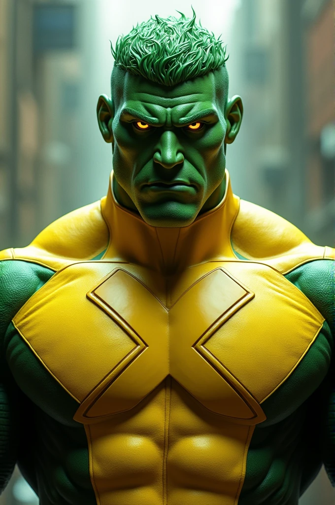Halk eye with wearing X-Men yellow suit and X logo