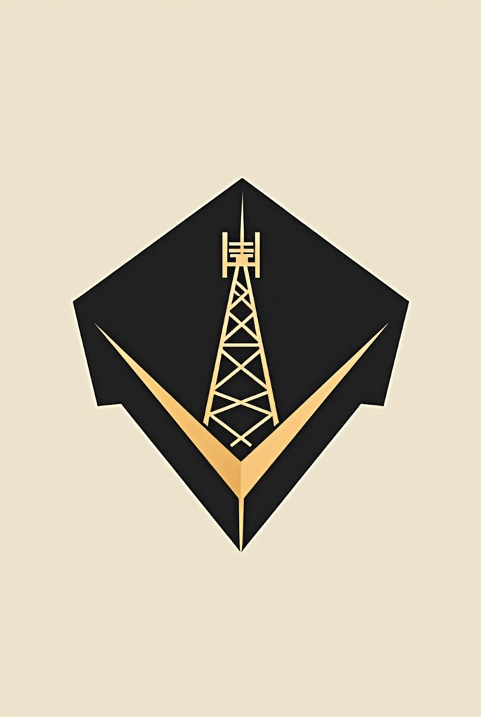 Create a simple and minimalist logo for a telephone antenna maintenance company that looks like a mix between a paper airplane and a telecommunications tower. Keep it simple and elegant, use black and gold.