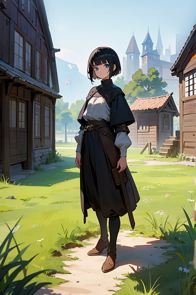 1girl, black hair, blue eyes, short hair, adventurer,traveler, full body, standing, upright, medieval setting, small village, wooden buildings, grass, dirt, good proportions, detailed face, looking towards the viewer, serious expression