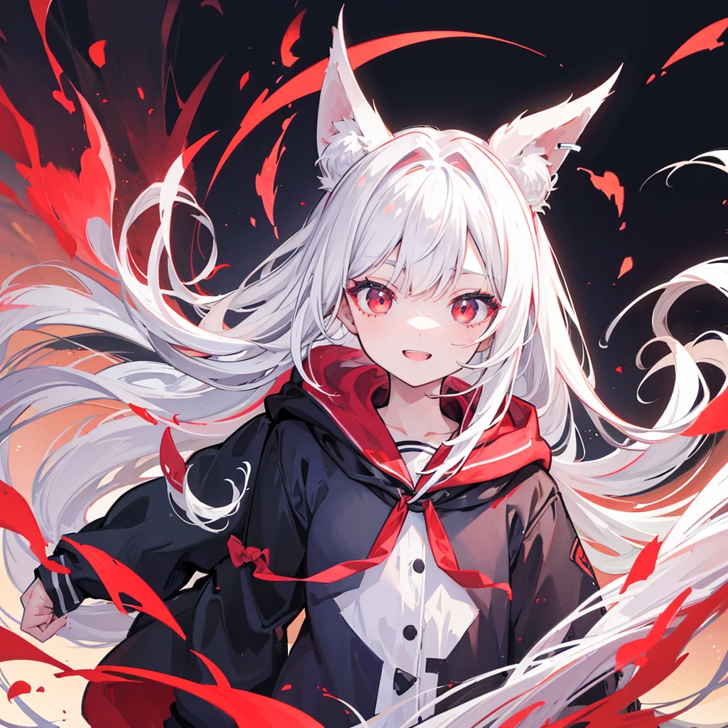 One person, High resolution, Simple Background, Anatomically correct, 最high quality, masterpiece, high quality, Very detailed, White Hair, Gradient color hairstyle, Straight Hair, Open your eyes, Gradient eyes, Double teeth, ribbon, Illustration, Character Design, Gaze, High-resolution model, detail, 高いdetail, Braided topknot, Bangs in the same direction, Red eyes, Character portrait, Animal shaped hood, Simple Background, school uniform, hoodie, One person, Long Hair, Anatomically correct, smile,
