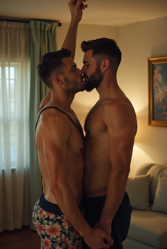 Chris evans ing anot mans willy on the couch. Realistic 4k Realism size difference head reaching on the ceiling size difference growing size Cracks the ceiling wearing tank top wearing swimming trunks size height difference kiss tall adult male close up