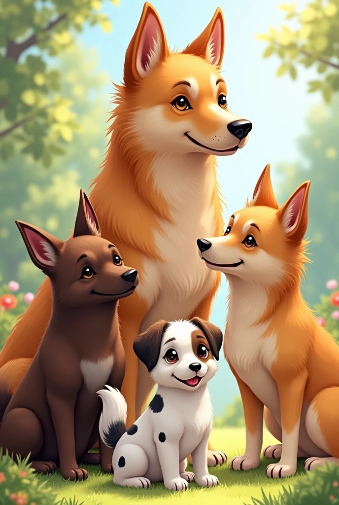 An illustration of a girl with four dogs. I will give you the order of height: 1. The largest is a hairy honey-colored dog, similar to the Golden Retriever breed. 2. The dog is a little smaller than the largest, it is chocolate-colored and is similar to a German Shepherd. 3. The dog is a brown dog with a mix of stray browns. 4. The smallest dog has Chinese fur, it is white with black spots.