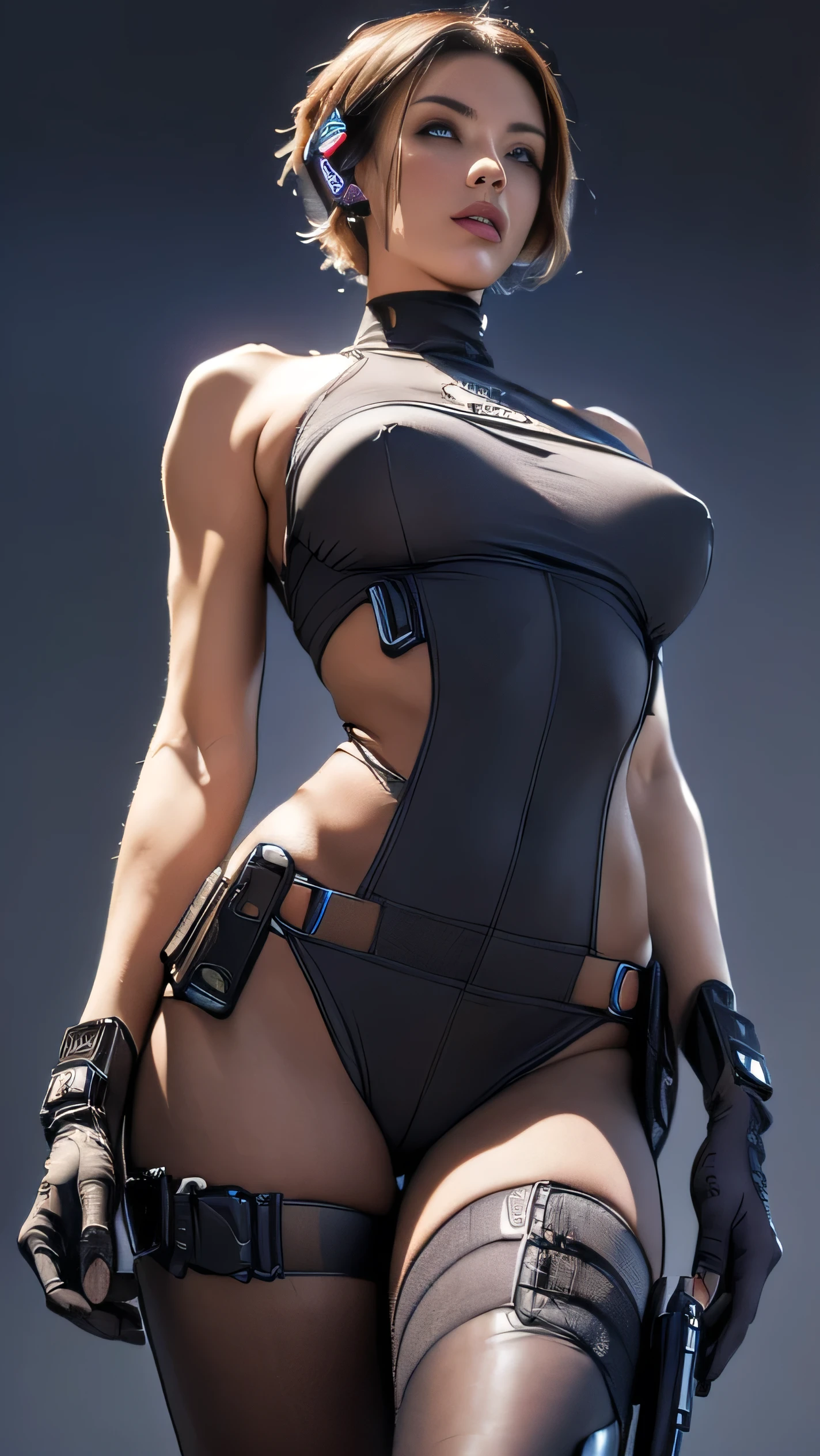 (A woman),(((A female member of the Future Force stands))),((puple tactical high leg bodysuit:1.5)),((earphone:1.5)),((Tactical Holster:1.5)),(Gloves:1.5),(Serious:1.5),(Super short hair:1.5),(beautiful eyes:1.3),(Very detailedな顔:1.5),((Very detailed drawing of a female hand:1.5)),(((muscular:1.5))),((Sexy appearance:1.5)),((Thick thighs:1.5)),(Beautiful Body:1.5),((Very sensual:1.5)),(The backdrop is a futuristic city:1.5),(Cyberpunk atmosphere:1.5),(((Blurred Background:1.5))),(Written border depth:1.5),rest(((masterpiece:1.5),(best quality:1.5),(Very detailed:1.5),(high resolution:1.5),(Practical:1.5),(Practical:1.5),(Delicate depiction),(Carefully drawn))),8k,wallpaper, (((camel toe1.5))),(from below:1.2)