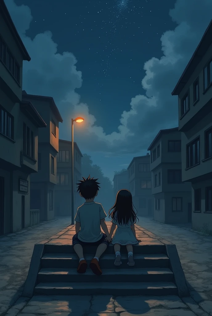 A boy and a girl sitting holding hands on high steps on a lonely dirt court at night with a cloudy sky and a street lamp in the background illuminating 