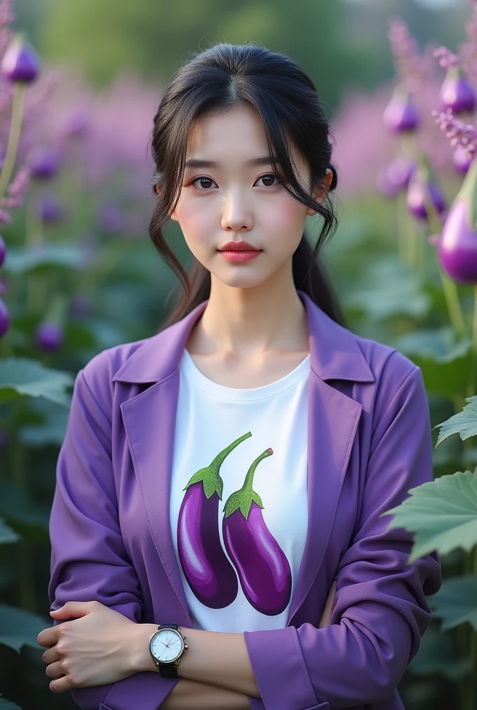 Beautiful Korean girl, smooth white skin, well-groomed face, tied black hair, posing in a very fertile and beautiful eggplant field, purple jacket, white t-shirt with purple eggplant pattern, cool watch,