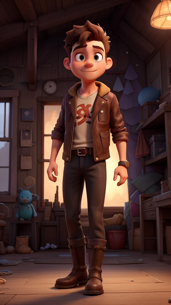  generate 3d character of a young adventurer named alex ,with messy brown hair, wearing a leather jacket and boots. background of a house room,dark atmosphere,Show Alex discovering an old, dusty small round mirror in a dimly lit attic, with a mysterious glow emanating from the mirror’s surface."
