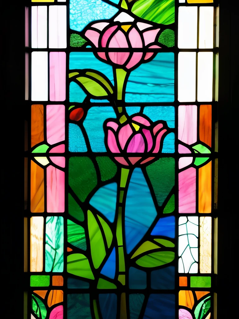 a stained glass window with pink flowers and leaves, an art deco painting by Louis Comfort Tiffany, flickr, art nouveau, stained glass!!, stained glass art, stained glass, with lotus flowers, stained glass window!!!!!, beautiful stained glass window, stain glass, stained glass style, beautiful glass work, ( art nouveau ), (art nouveau), backlit stained glass