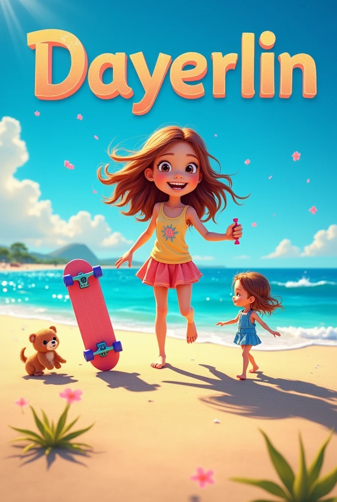 playing happily with her dolls and skateboard in the sand on deep blue sky with text Dayerlin first letter in capital letter and in bright mosaic colored letters niña blanca de cabello castaño