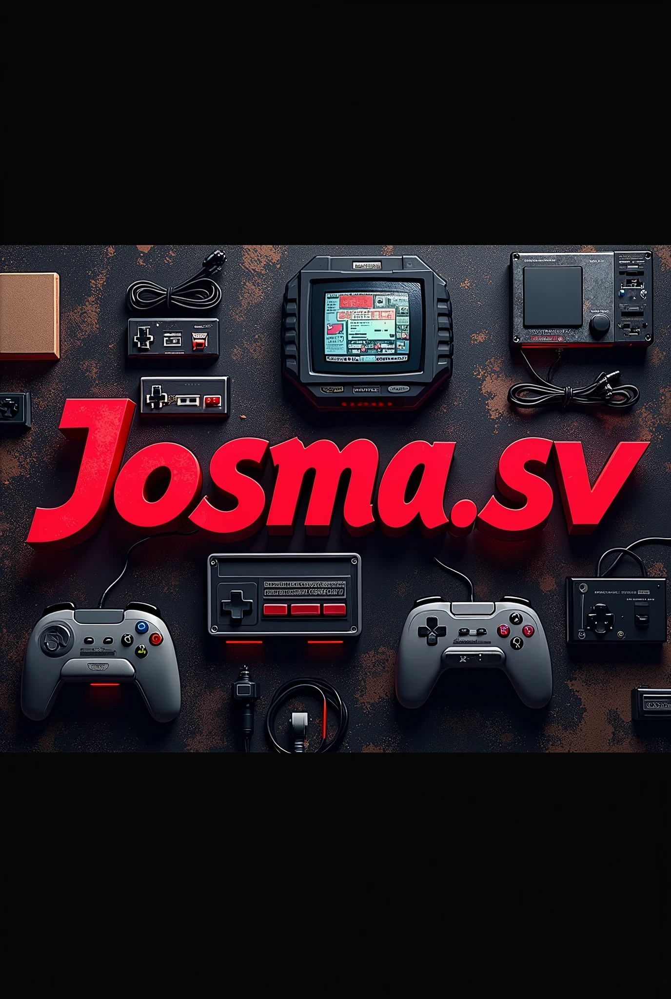 YouTube cover with name josma.sv in red and black with a background of computers and PlayStation nes controls