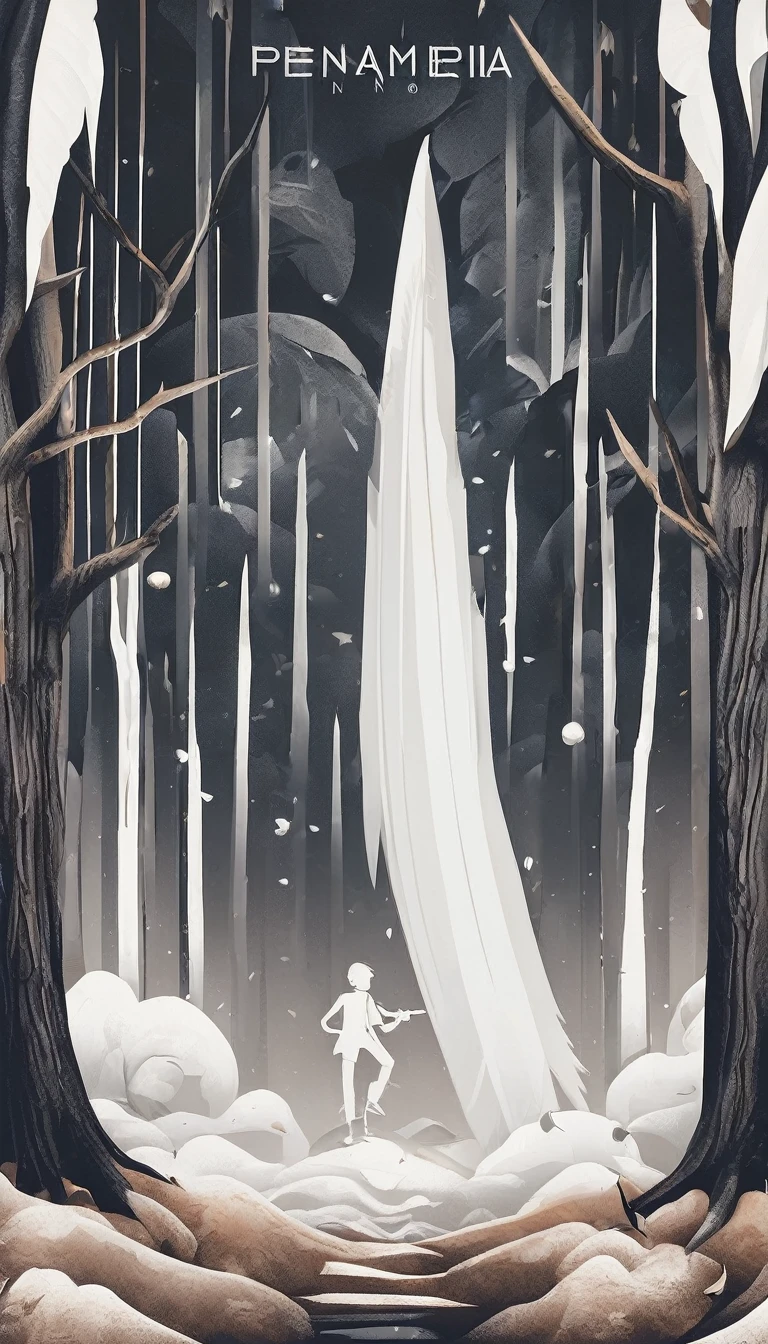 A minimal, modern, simple, cinematic logo design for the brand “Penamemoria". Create a modern, minimalistic, high-quality, logo of a white cinematic, fantasy feather, with a mysterious boy playing acoustic guitar against a tree of memories