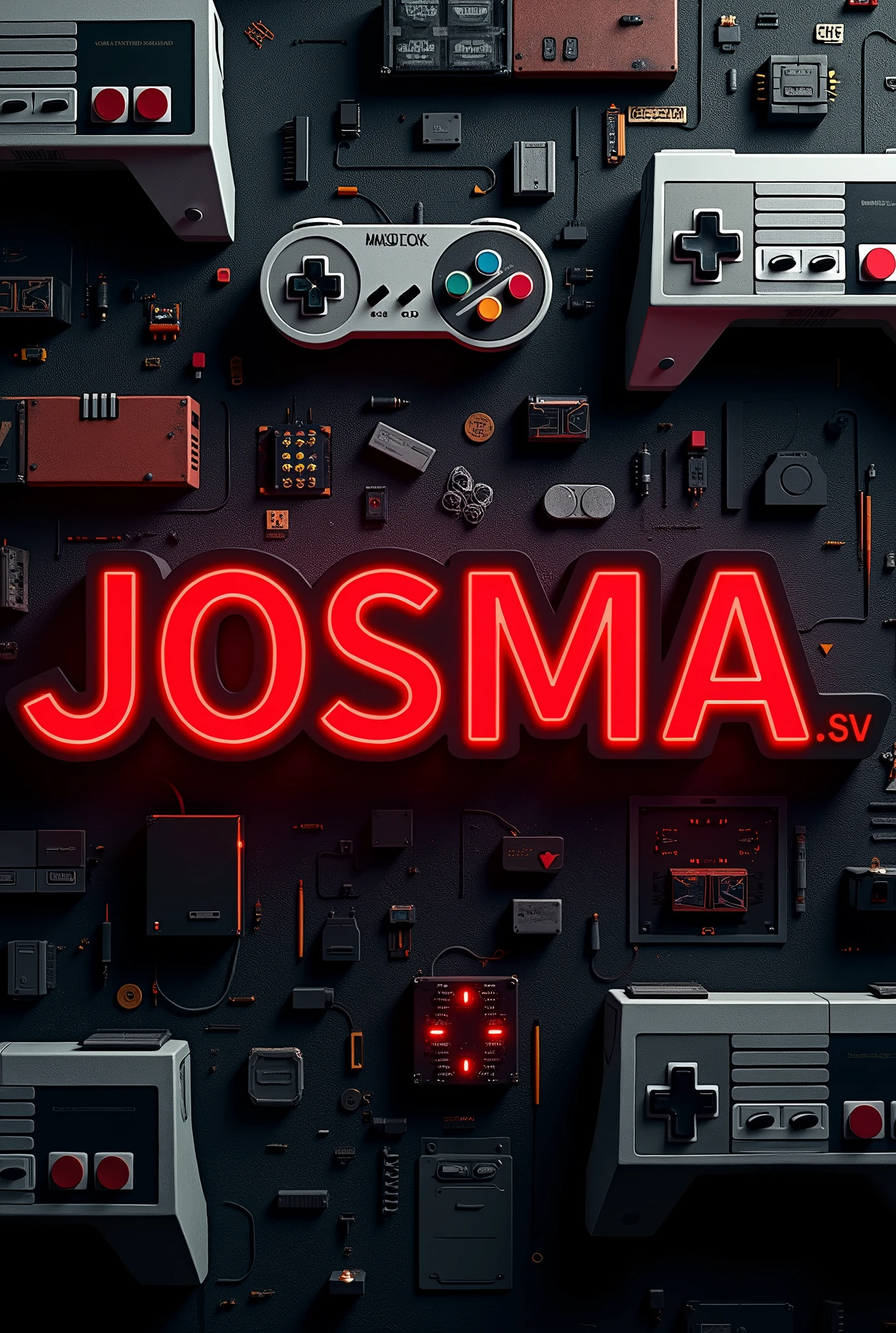 YouTube cover with name josma.sv in red and black with a background of computers and PlayStation nes controls