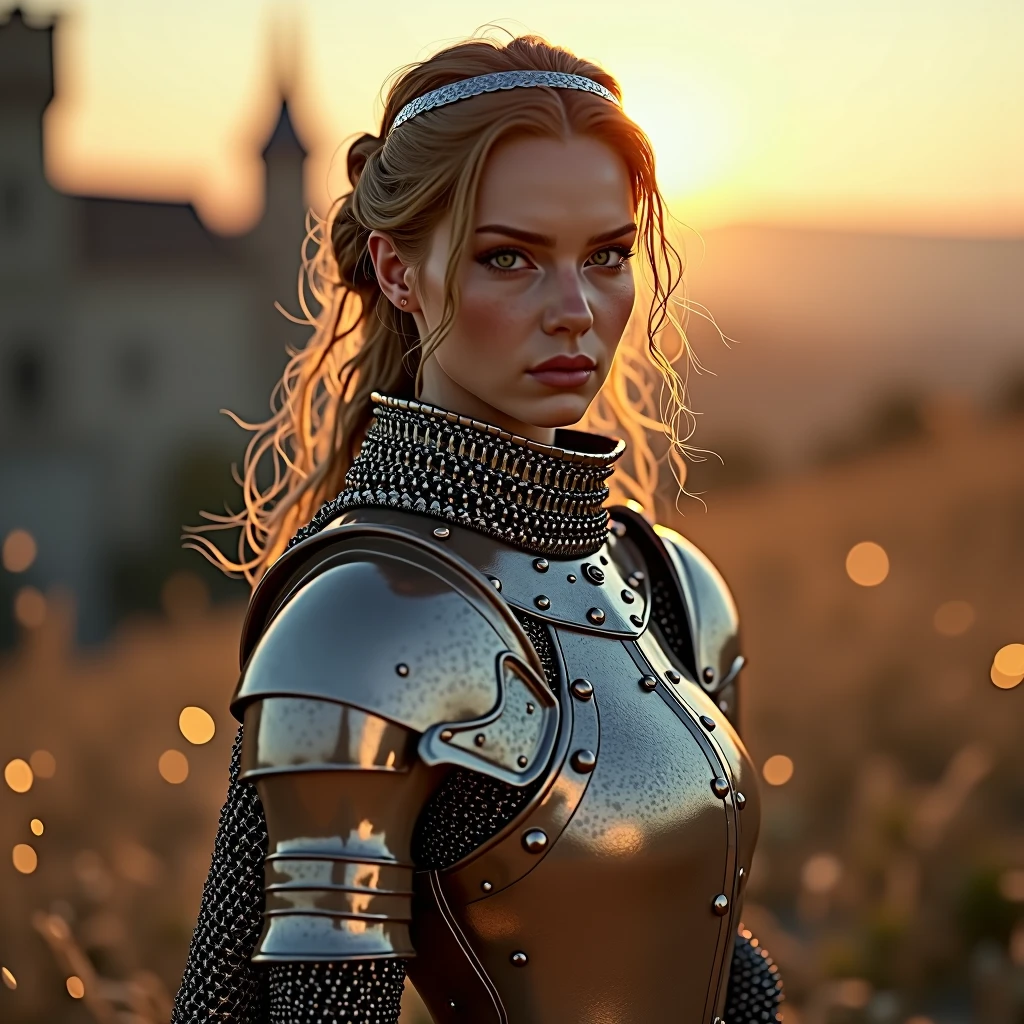 (masterpiece), (extremely intricate:1.3), (realistic), portrait of a girl, the most beautiful in the world, (medieval armor), metal reflections, full body, outdoors, intense sunlight, far away castle, professional photograph of a stunning woman detailed, sharp focus, dramatic, award winning, cinematic lighting, octane render unreal engine, volumetrics dtx, (film grain, blurry background, sharp foreground, bokeh, depth of field, sunset, motion blur:1.3), chainmail, looking at viewer